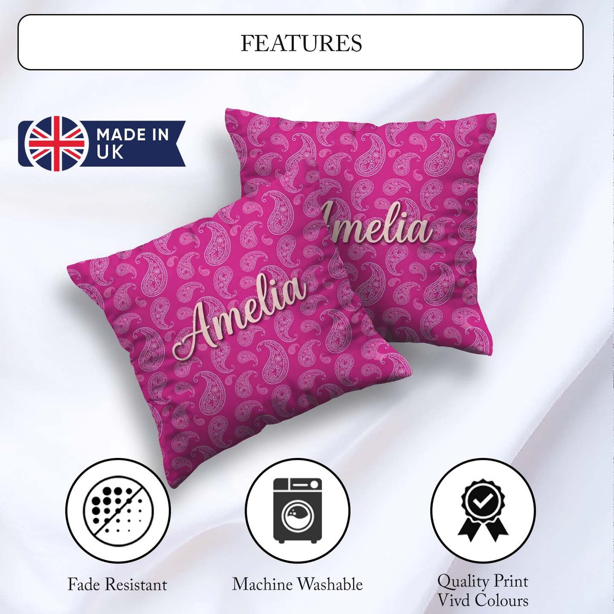 Custom Name Elegant White Paisley Floral on Bright Pink Gradient Square Filled Cushion Throw Pillow Sofa Bed Home Decor Zip Washable UK Made