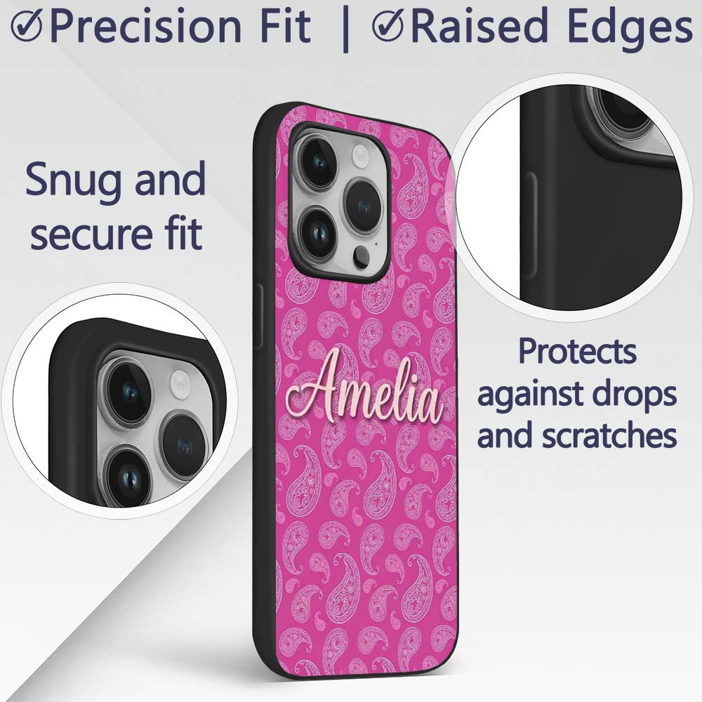 Elegant White Paisley Floral Pattern on Bright Custom Name Protective Phone Case Mobile Cover Durable Everyday Smartphone Shock Resistant