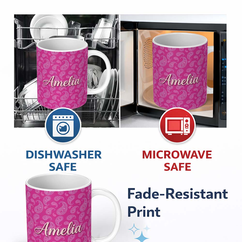 Personalized Custom Name Elegant White Paisley Floral Pattern on Bright Pink Gradient 11oz Ceramic Coffee Tea Mug White Large Handle