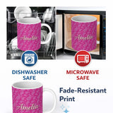 Personalized Custom Name Elegant White Paisley Floral Pattern on Bright Pink Gradient 11oz Ceramic Coffee Tea Mug White Large Handle