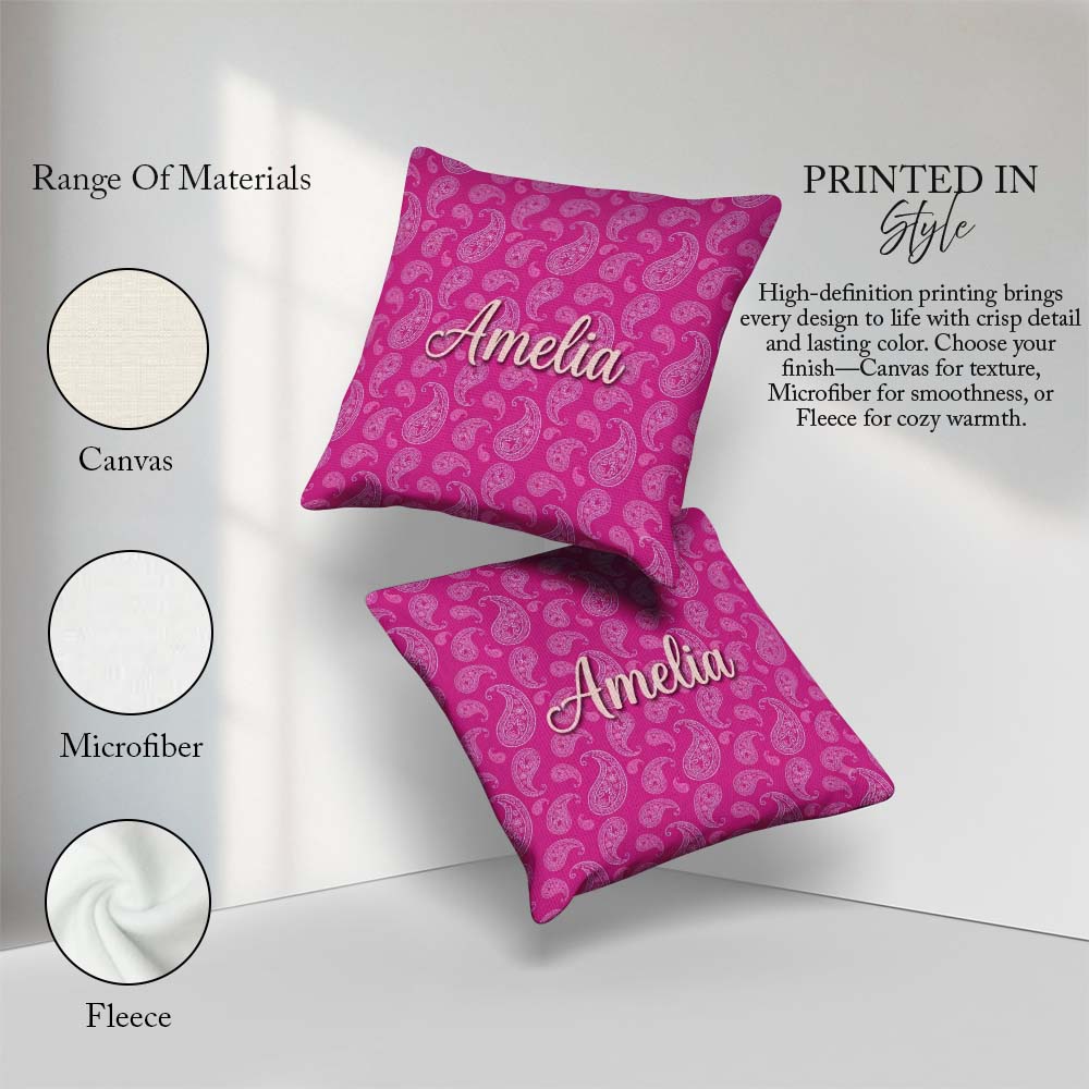 Custom Name Elegant White Paisley Floral on Bright Pink Gradient Square Filled Cushion Throw Pillow Sofa Bed Home Decor Zip Washable UK Made
