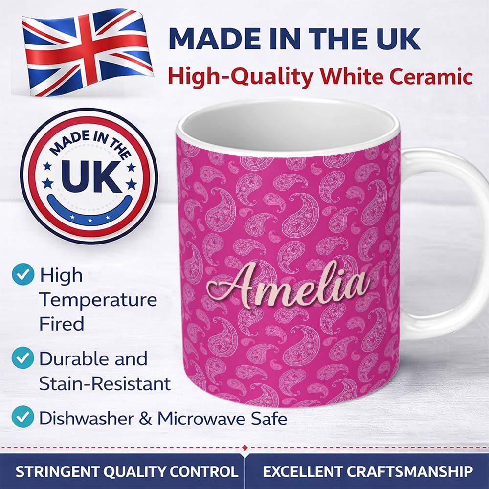 Personalized Custom Name Elegant White Paisley Floral Pattern on Bright Pink Gradient 11oz Ceramic Coffee Tea Mug White Large Handle