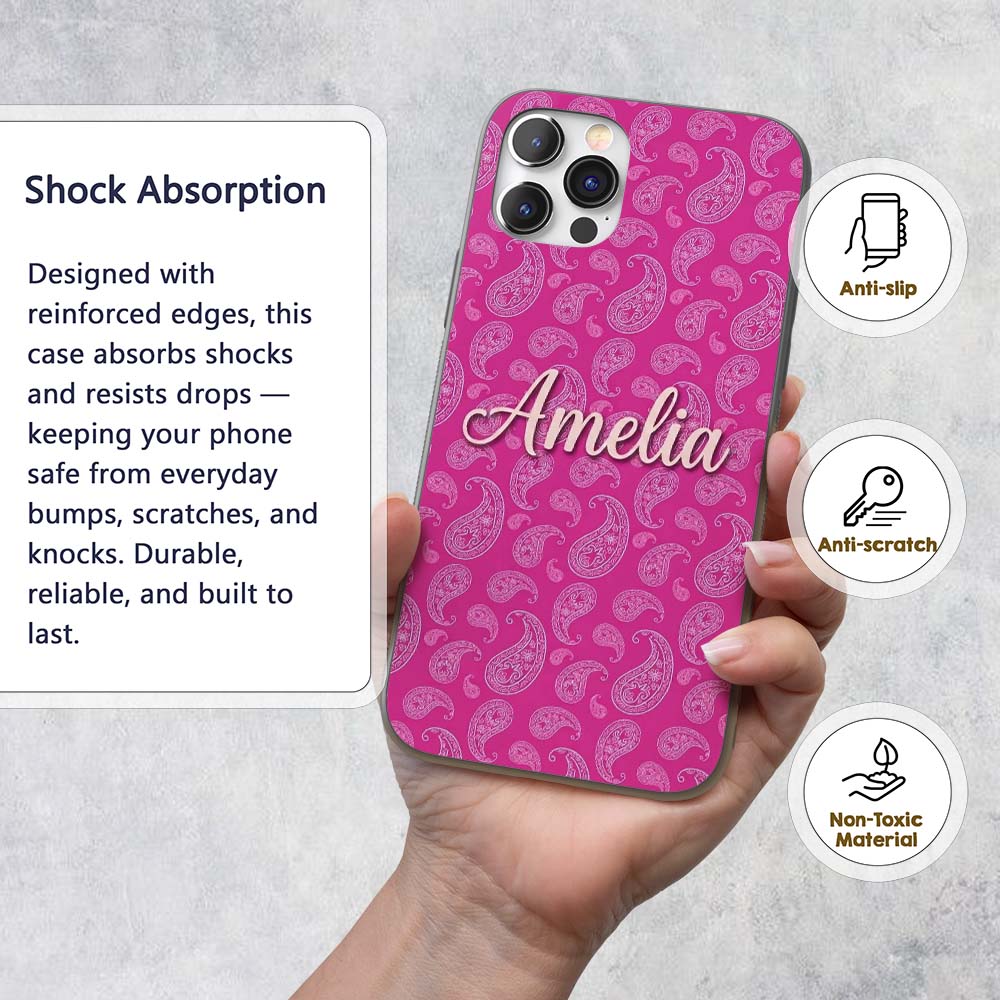Elegant White Paisley Floral Pattern on Bright Custom Name Protective Phone Case Mobile Cover Durable Everyday Smartphone Shock Resistant