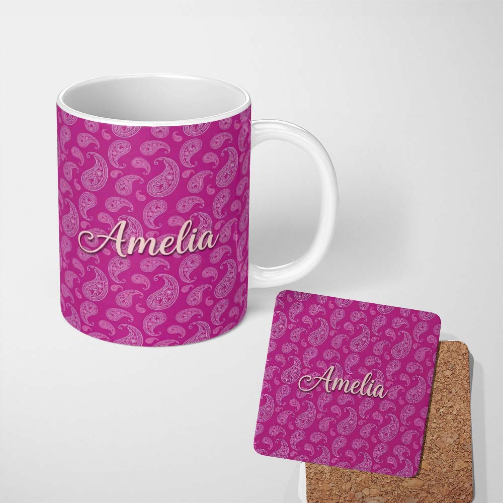 Personalized Custom Name Classic White Paisley Design on Vibrant Fuchsia Pink Background 11oz Ceramic Coffee Tea Mug White Large Handle