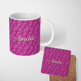 Personalized Custom Name Classic White Paisley Design on Vibrant Fuchsia Pink Background 11oz Ceramic Coffee Tea Mug White Large Handle