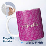 Personalized Custom Name Classic White Paisley Design on Vibrant Fuchsia Pink Background 11oz Ceramic Coffee Tea Mug White Large Handle