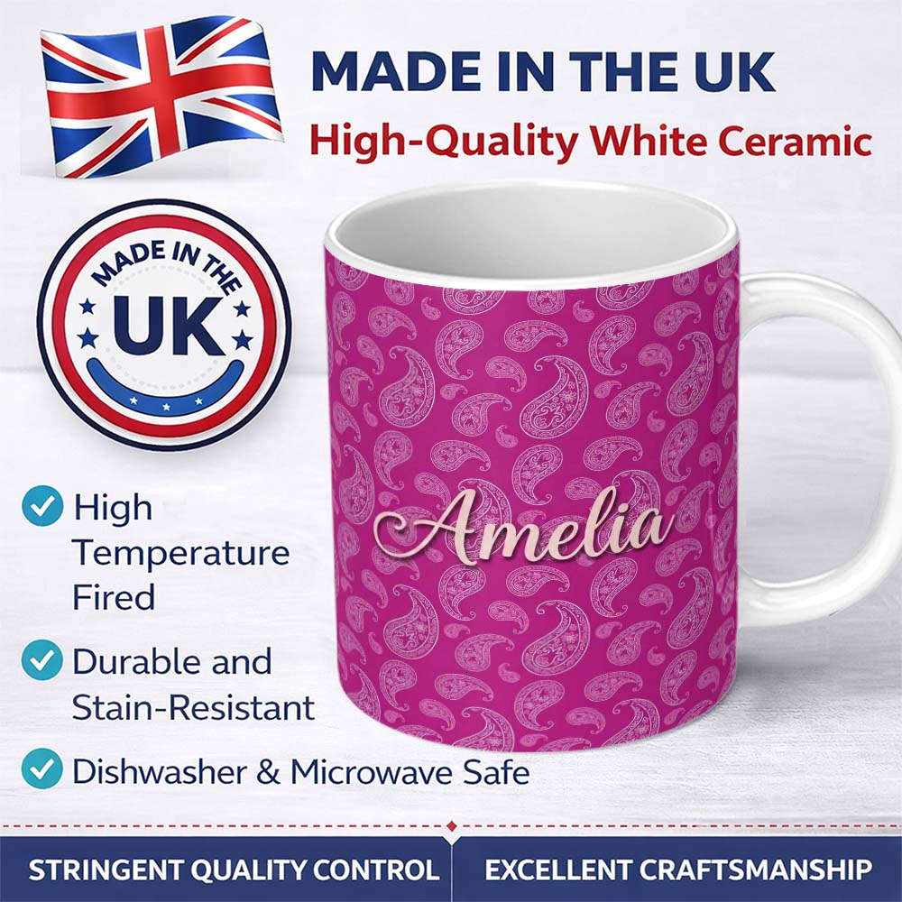 Personalized Custom Name Classic White Paisley Design on Vibrant Fuchsia Pink Background 11oz Ceramic Coffee Tea Mug White Large Handle
