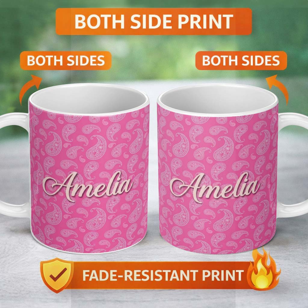 Personalized Custom Name Elegant White Paisley Pattern on Bright Pink Gradient Seamless Name 11oz Ceramic Coffee Tea Mug White Large Handle