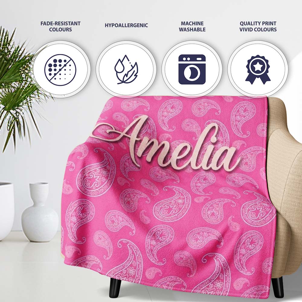 Elegant White Paisley Pattern on Bright Pink Gradient Seamless Name  Personalised Custom Name Super Soft Fleece Blanket Bed Sofa Throw