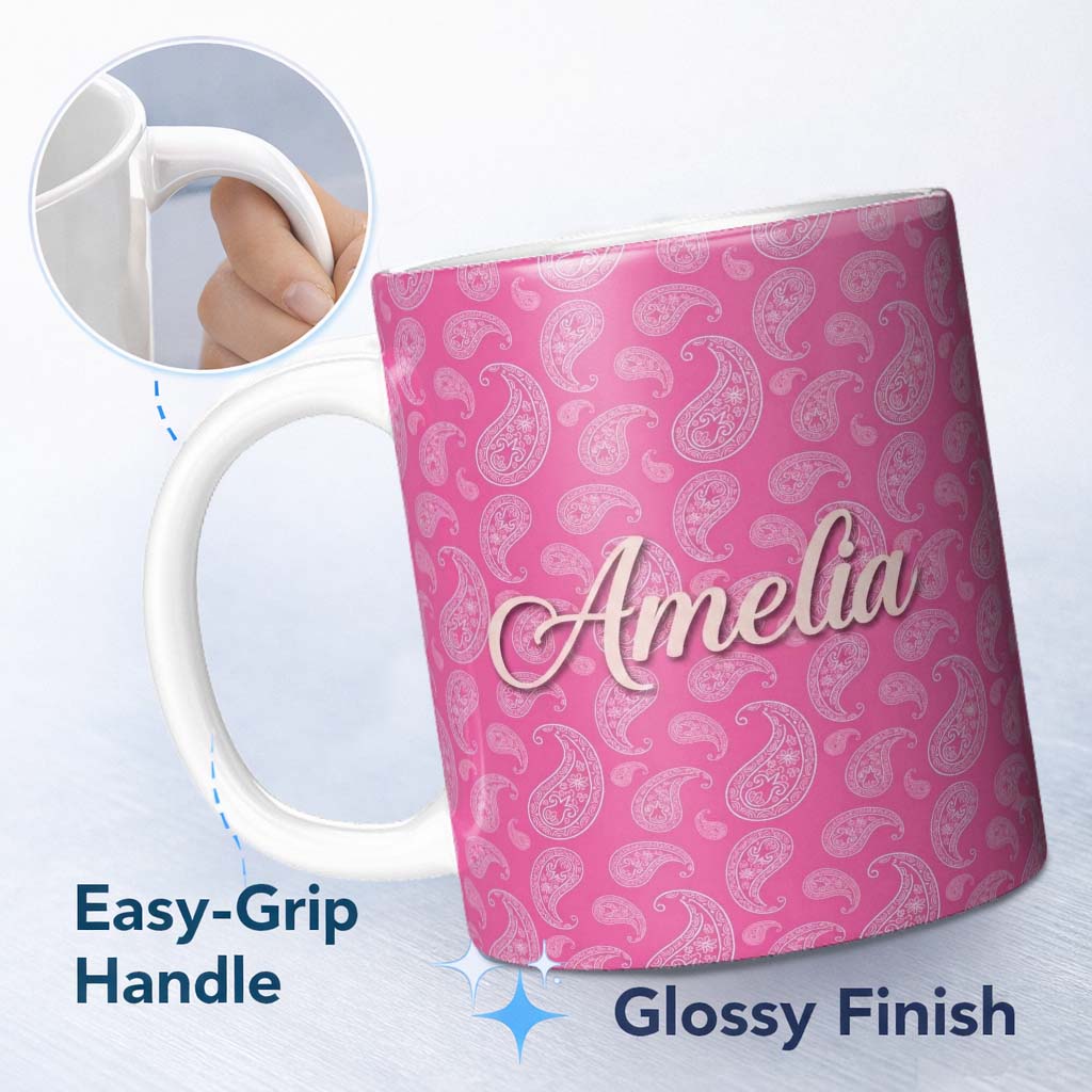 Personalized Custom Name Elegant White Paisley Pattern on Bright Pink Gradient Seamless Name 11oz Ceramic Coffee Tea Mug White Large Handle