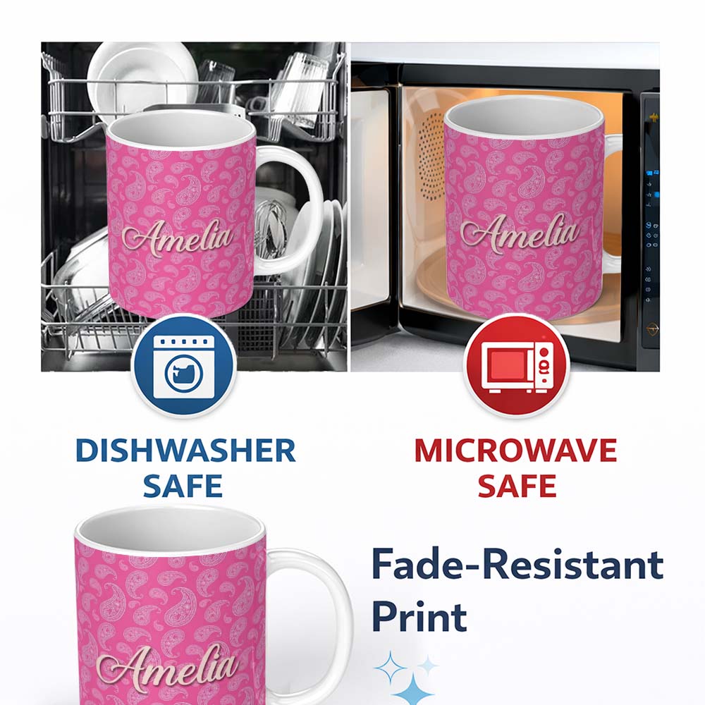 Personalized Custom Name Elegant White Paisley Pattern on Bright Pink Gradient Seamless Name 11oz Ceramic Coffee Tea Mug White Large Handle