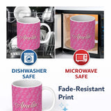 Personalized Custom Name Elegant White Paisley Pattern on Bright Pink Gradient Seamless Name 11oz Ceramic Coffee Tea Mug White Large Handle
