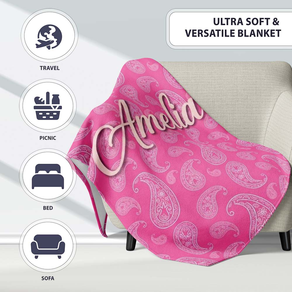 Elegant White Paisley Pattern on Bright Pink Gradient Seamless Name  Personalised Custom Name Super Soft Fleece Blanket Bed Sofa Throw