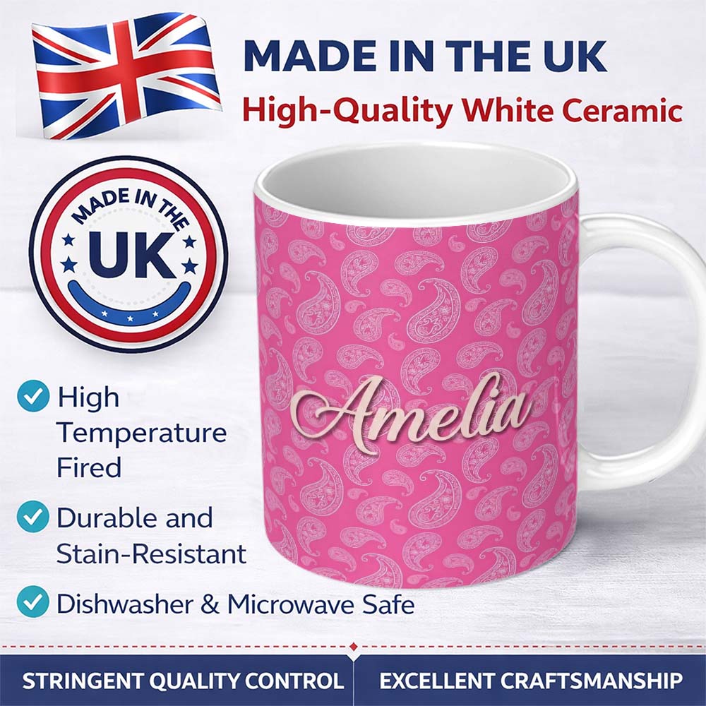 Personalized Custom Name Elegant White Paisley Pattern on Bright Pink Gradient Seamless Name 11oz Ceramic Coffee Tea Mug White Large Handle