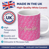 Personalized Custom Name Elegant White Paisley Pattern on Bright Pink Gradient Seamless Name 11oz Ceramic Coffee Tea Mug White Large Handle