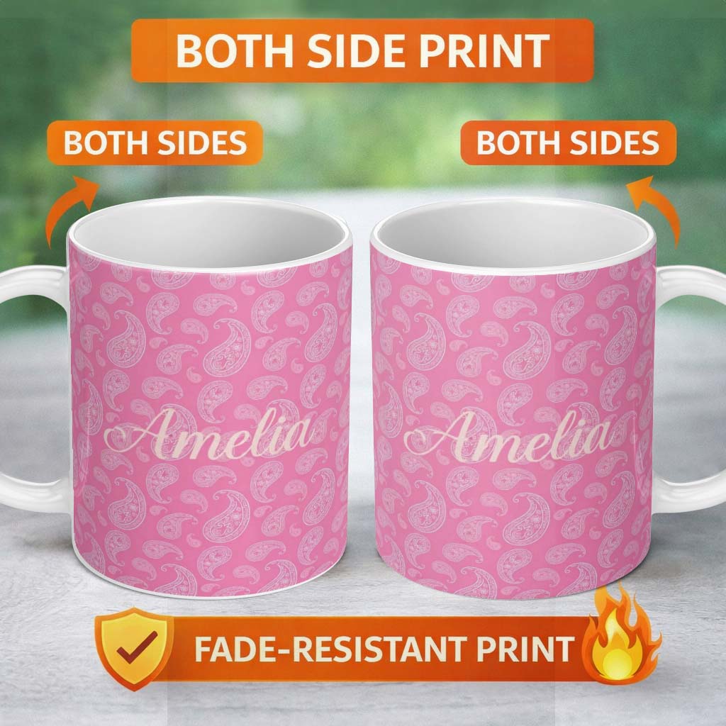 Personalized Custom Name Soft White Paisley Floral Design on Blush Pink Background Seamless 11oz Ceramic Coffee Tea Mug White Large Handle