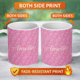 Personalized Custom Name Soft White Paisley Floral Design on Blush Pink Background Seamless 11oz Ceramic Coffee Tea Mug White Large Handle