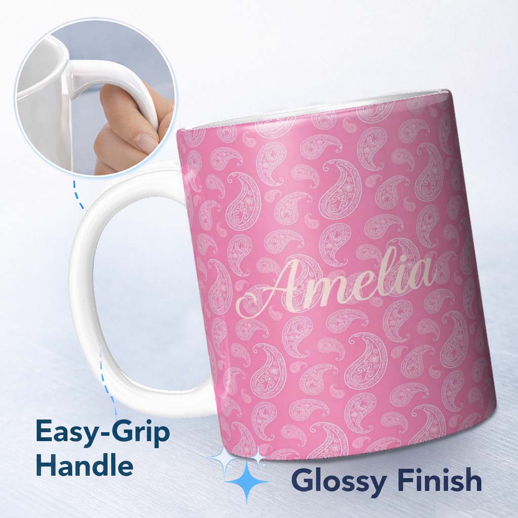 Personalized Custom Name Soft White Paisley Floral Design on Blush Pink Background Seamless 11oz Ceramic Coffee Tea Mug White Large Handle