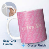 Personalized Custom Name Soft White Paisley Floral Design on Blush Pink Background Seamless 11oz Ceramic Coffee Tea Mug White Large Handle