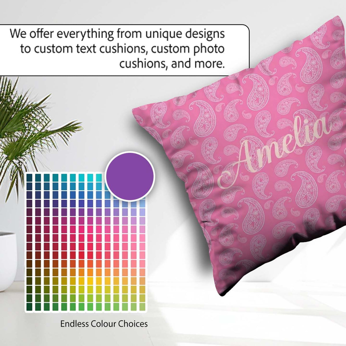 Custom Name Soft White Paisley Floral Design on Blush Background Square Filled Cushion Throw Pillow Sofa Bed Home Decor Zip Washable UK Made