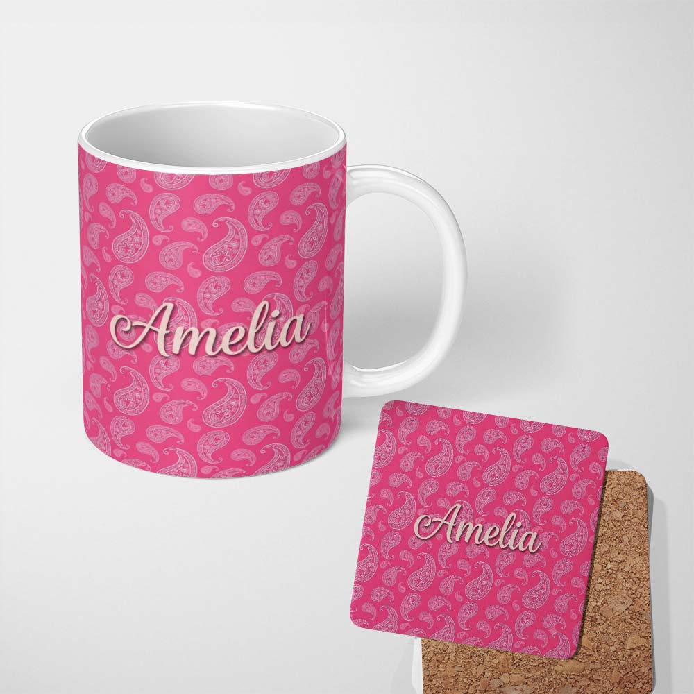 Personalized Custom Name Intricate White Paisley Motif on Vibrant Rose Pink Gradient 11oz Ceramic Coffee Tea Mug White Large Handle