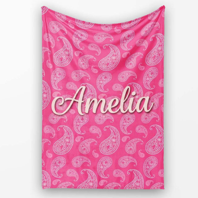 Intricate White Paisley Motif on Vibrant Rose Pink Gradient  Personalised Custom Name Super Soft Fleece Blanket Bed Sofa Throw