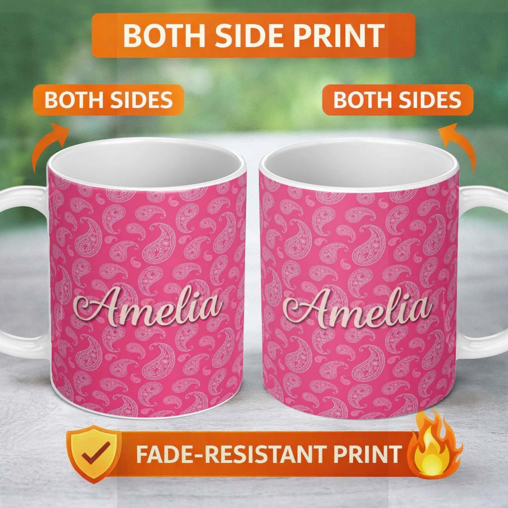 Personalized Custom Name Intricate White Paisley Motif on Vibrant Rose Pink Gradient 11oz Ceramic Coffee Tea Mug White Large Handle