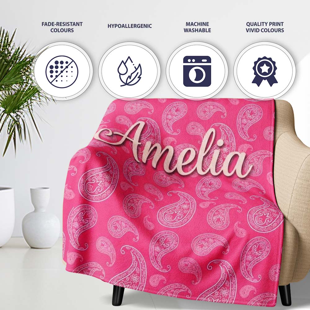 Intricate White Paisley Motif on Vibrant Rose Pink Gradient  Personalised Custom Name Super Soft Fleece Blanket Bed Sofa Throw