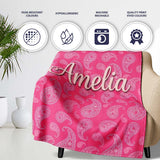 Intricate White Paisley Motif on Vibrant Rose Pink Gradient  Personalised Custom Name Super Soft Fleece Blanket Bed Sofa Throw