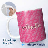 Personalized Custom Name Intricate White Paisley Motif on Vibrant Rose Pink Gradient 11oz Ceramic Coffee Tea Mug White Large Handle