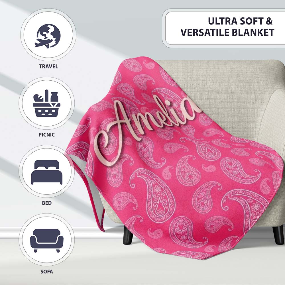 Intricate White Paisley Motif on Vibrant Rose Pink Gradient  Personalised Custom Name Super Soft Fleece Blanket Bed Sofa Throw