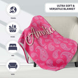 Intricate White Paisley Motif on Vibrant Rose Pink Gradient  Personalised Custom Name Super Soft Fleece Blanket Bed Sofa Throw