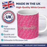 Personalized Custom Name Intricate White Paisley Motif on Vibrant Rose Pink Gradient 11oz Ceramic Coffee Tea Mug White Large Handle
