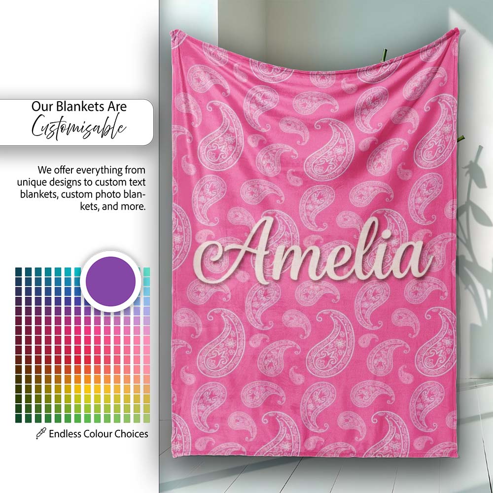 Intricate White Paisley Motif on Vibrant Rose Pink Gradient  Personalised Custom Name Super Soft Fleece Blanket Bed Sofa Throw