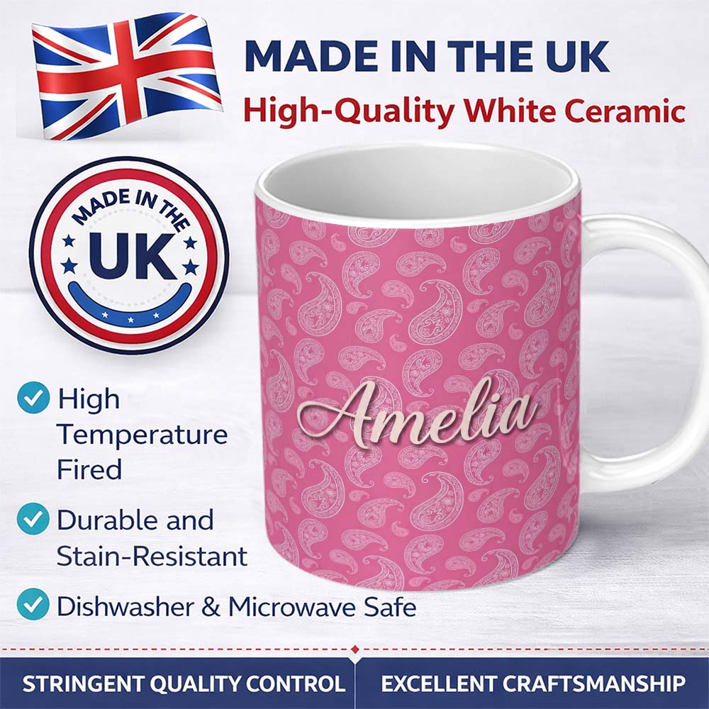 Personalized Custom Name Classic White Paisley Pattern on Warm Pink Gradient Background 11oz Ceramic Coffee Tea Mug White Large Handle