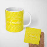 Personalized Custom Name Delicate White Paisley Design on Golden Yellow Gradient Seamless 11oz Ceramic Coffee Tea Mug White Large Handle