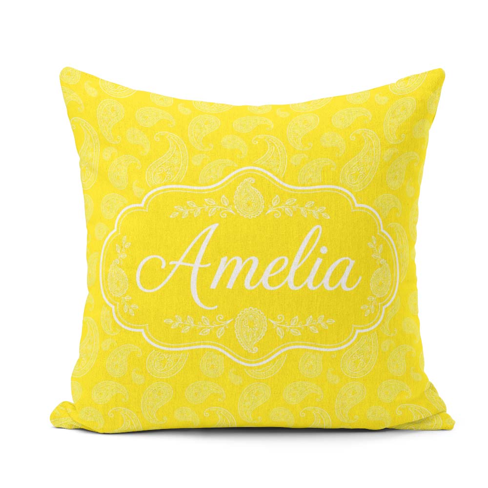 Custom Name Delicate White Paisley Design Golden Yellow Gradient Square Filled Cushion Throw Pillow Sofa Bed Home Decor Zip Washable UK Made