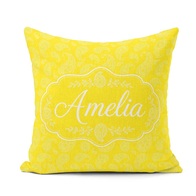 Custom Name Delicate White Paisley Design Golden Yellow Gradient Square Filled Cushion Throw Pillow Sofa Bed Home Decor Zip Washable UK Made