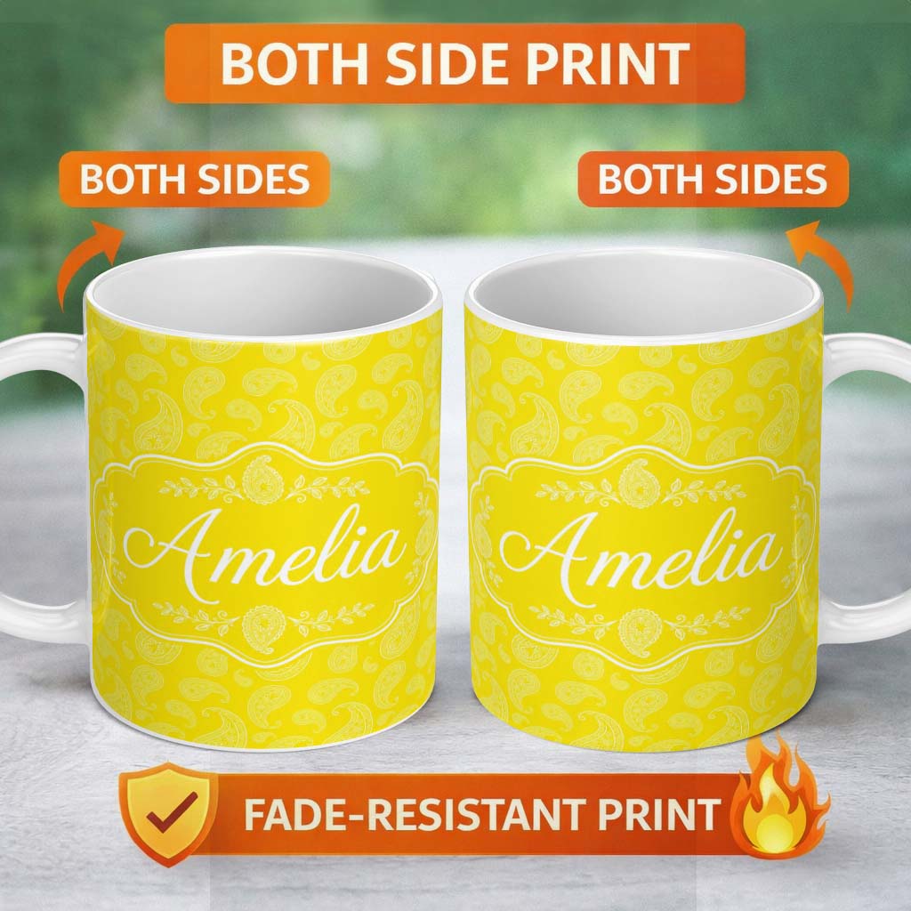Personalized Custom Name Delicate White Paisley Design on Golden Yellow Gradient Seamless 11oz Ceramic Coffee Tea Mug White Large Handle