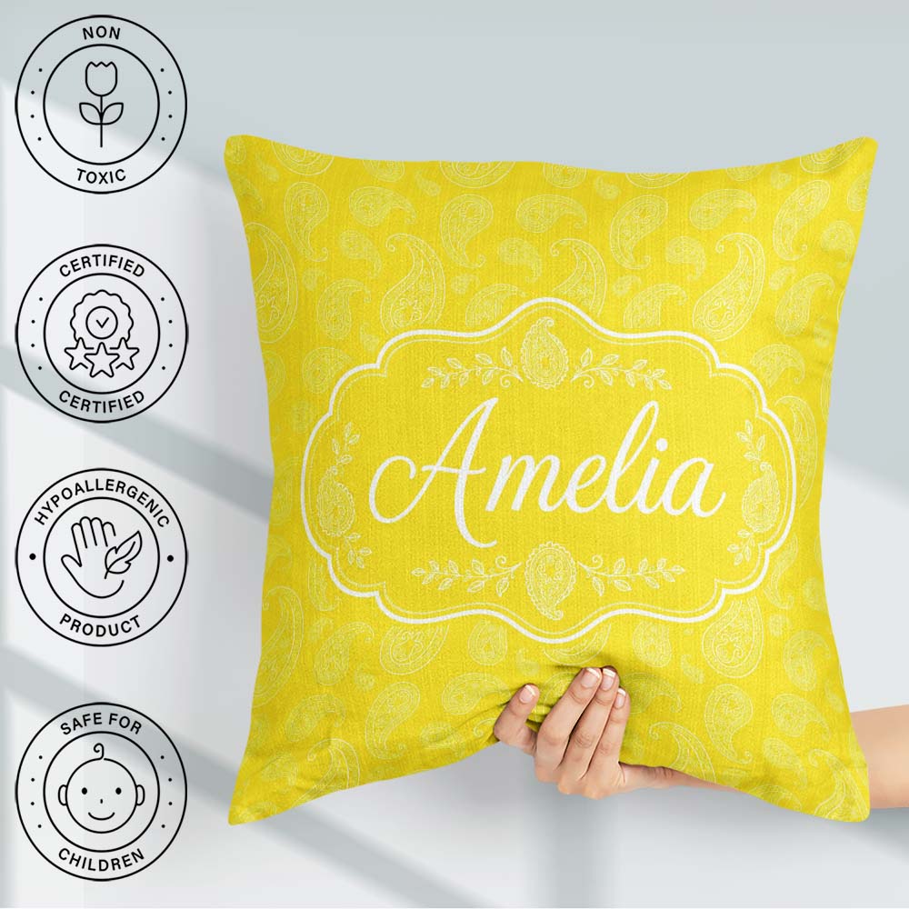 Custom Name Delicate White Paisley Design Golden Yellow Gradient Square Filled Cushion Throw Pillow Sofa Bed Home Decor Zip Washable UK Made