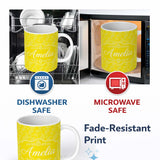 Personalized Custom Name Delicate White Paisley Design on Golden Yellow Gradient Seamless 11oz Ceramic Coffee Tea Mug White Large Handle