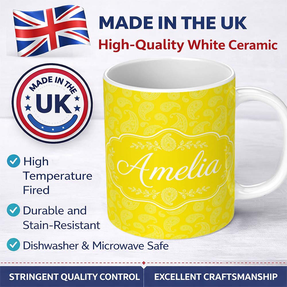Personalized Custom Name Delicate White Paisley Design on Golden Yellow Gradient Seamless 11oz Ceramic Coffee Tea Mug White Large Handle