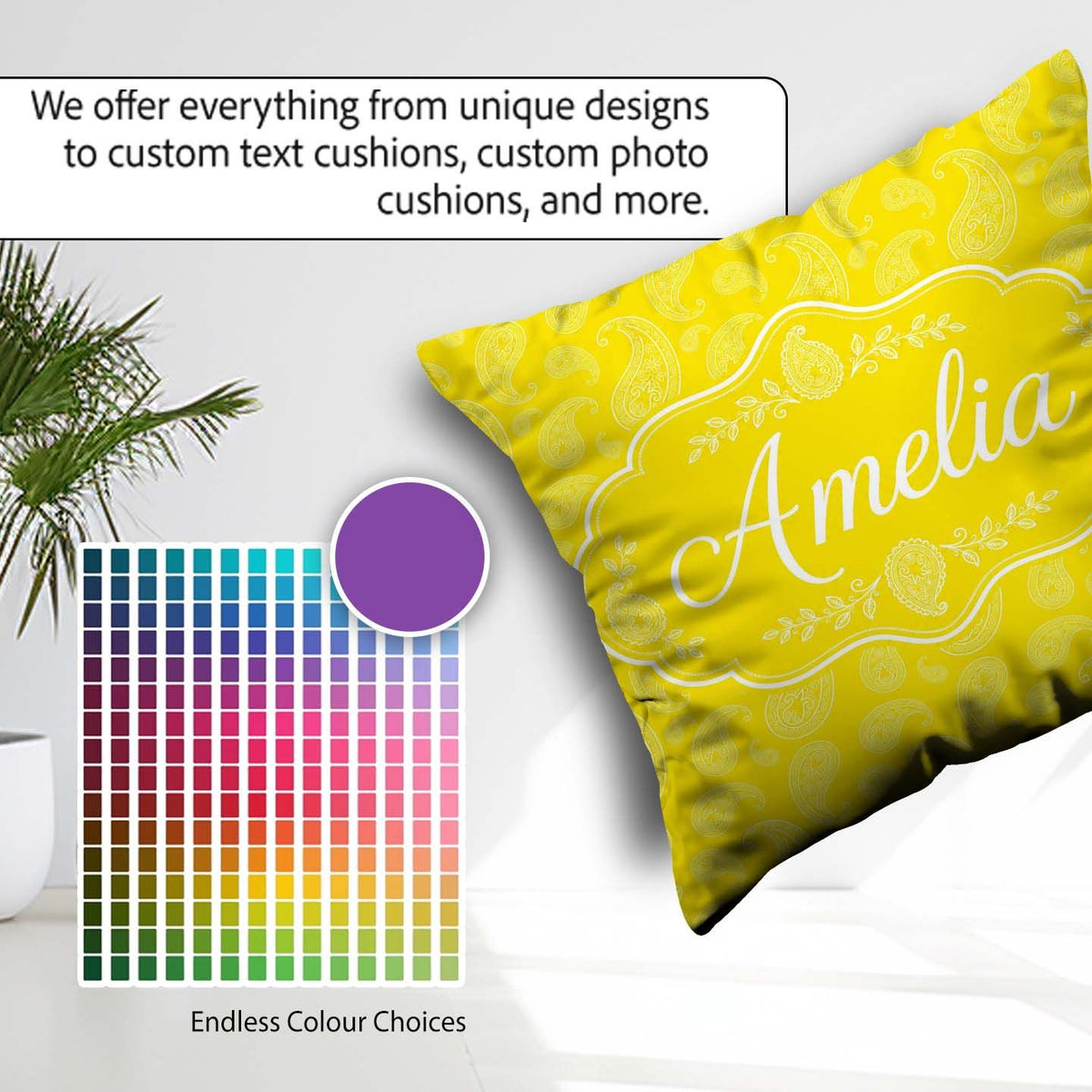 Custom Name Delicate White Paisley Design Golden Yellow Gradient Square Filled Cushion Throw Pillow Sofa Bed Home Decor Zip Washable UK Made