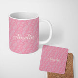 Personalized Custom Name Vintage White Paisley Floral Pattern on Pale Pink Gradient Seamless 11oz Ceramic Coffee Tea Mug White Large Handle