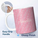 Personalized Custom Name Vintage White Paisley Floral Pattern on Pale Pink Gradient Seamless 11oz Ceramic Coffee Tea Mug White Large Handle