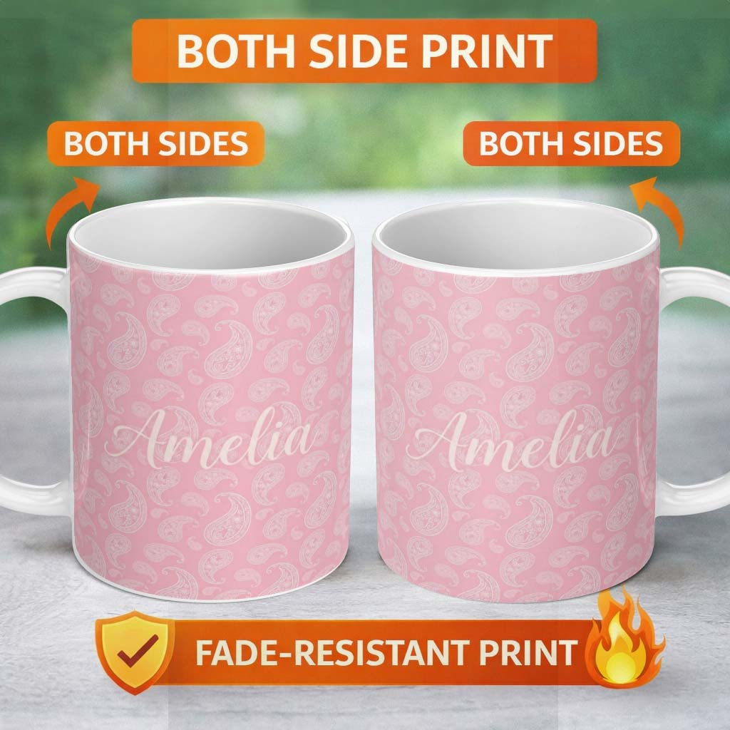 Personalized Custom Name Ornate White Paisley Motif on Soft Peach Pink Background Seamless 11oz Ceramic Coffee Tea Mug White Large Handle
