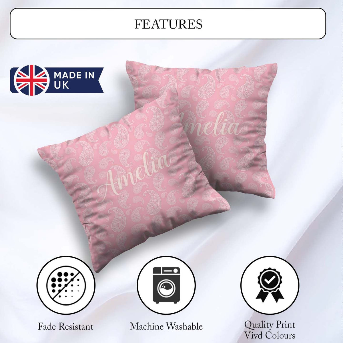 Custom Name Ornate White Motif on Soft Peach Background Seamless Square Filled Cushion Throw Pillow Sofa Bed Home Decor Zip Washable UK Made