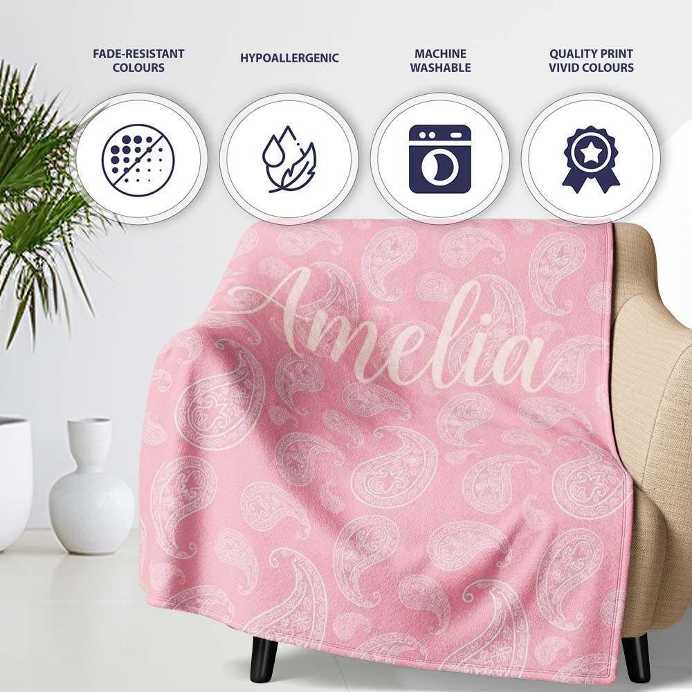 Ornate White Paisley Motif on Soft Peach Pink Background Seamless  Personalised Custom Name Super Soft Fleece Blanket Bed Sofa Throw