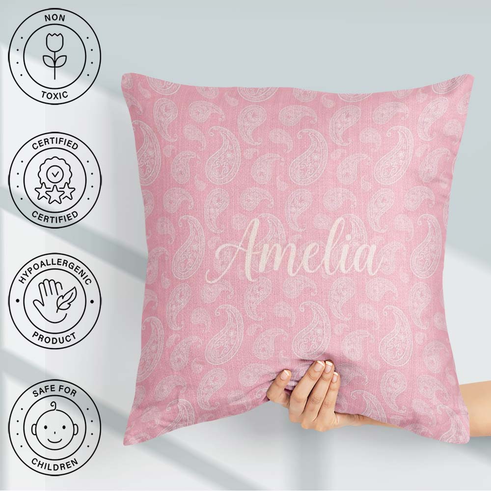 Custom Name Ornate White Motif on Soft Peach Background Seamless Square Filled Cushion Throw Pillow Sofa Bed Home Decor Zip Washable UK Made
