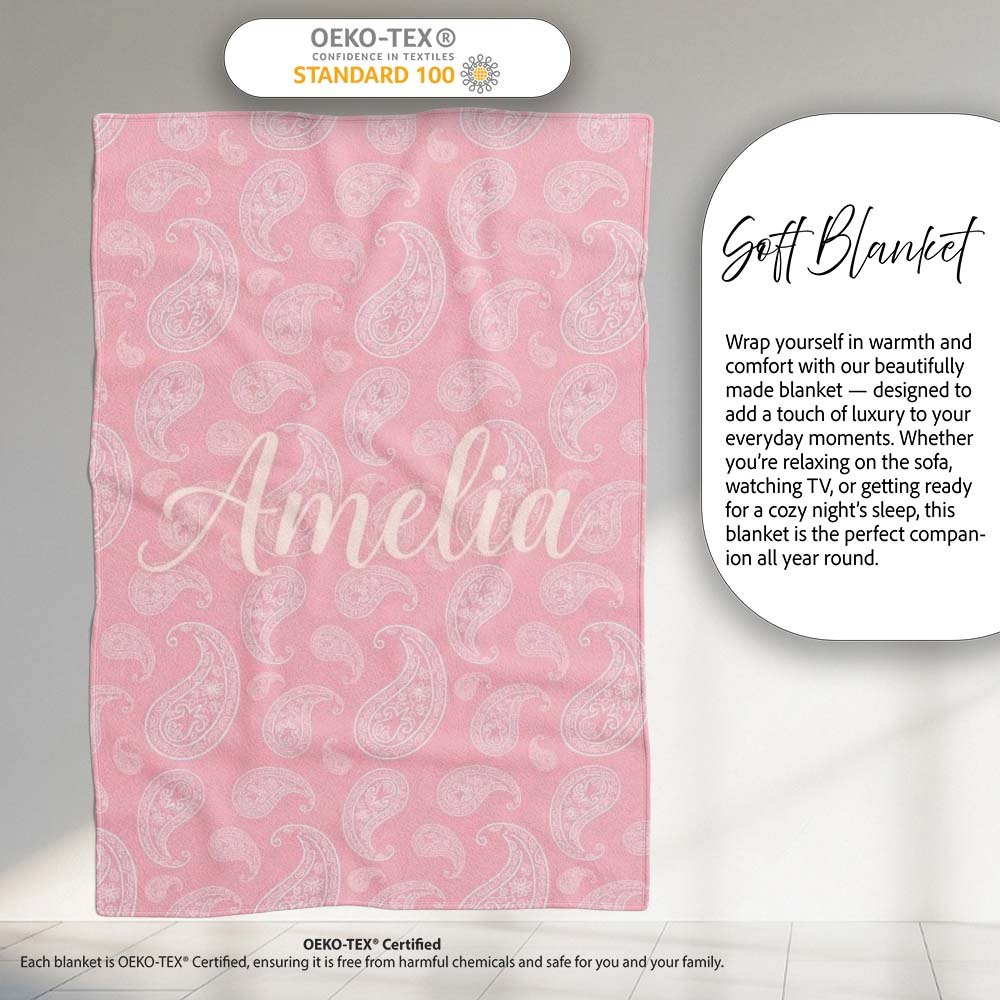 Ornate White Paisley Motif on Soft Peach Pink Background Seamless  Personalised Custom Name Super Soft Fleece Blanket Bed Sofa Throw
